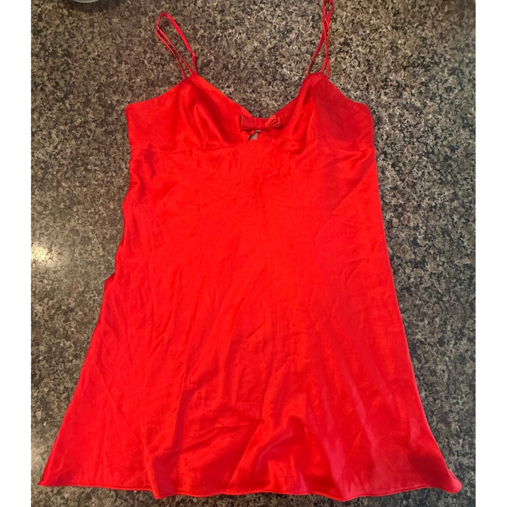 Victoria's Secret Red Satin Slip Dress Bow Detail Chemise L Nightgown Lingerie